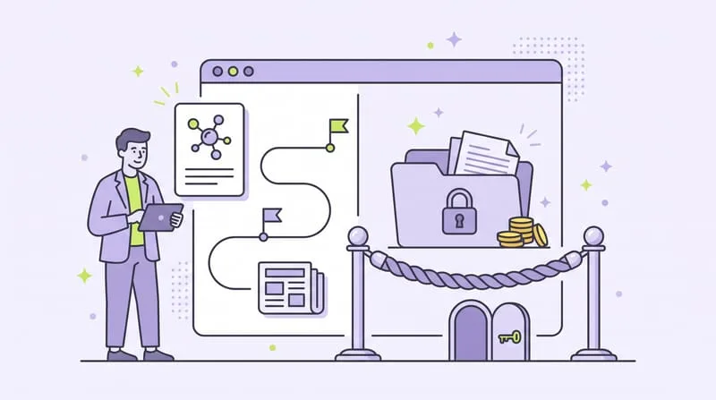 Illustration : une page web partagée par un cordon, avec à gauche la présentation de l'entreprise, ses jalons et ses actualités en libre accès, et à droite un dossier verrouillé avec des documents et des pièces, accessible par une petite porte et une clé