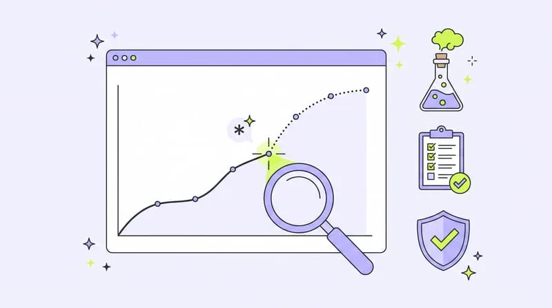 Illustration : une page web affiche une courbe dont la partie mesurée est en trait plein et la projection en pointillés, examinée à la loupe, à côté d'un flacon de laboratoire, d'une liste de contrôle et d'un bouclier