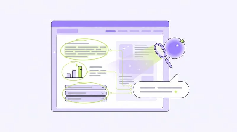 Illustration : une page web dont une définition, un graphique chiffré et une FAQ sont entourés, reliés par une loupe à une bulle de réponse d'IA