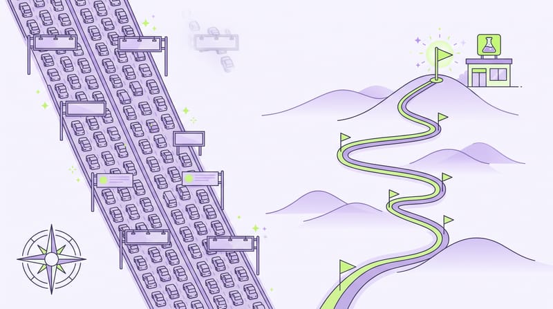 Illustration : une autoroute encombrée de voitures et de panneaux publicitaires, à côté d'un chemin balisé de drapeaux qui serpente vers un laboratoire au sommet d'une colline